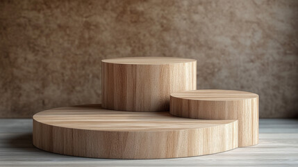 Wooden podium for products display - 3d realistic vector set of various stands with wood texture. Natural pedestal for goods demonstration. Mockup of brown platform for cosmetic production showcase