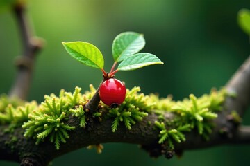 single red berry with green leaf attached to its stem on a mossy branch, branch, garden bed