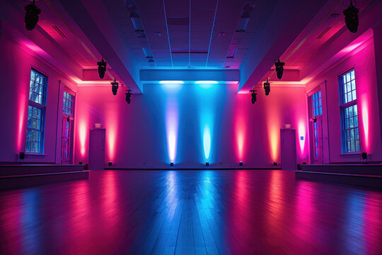 Modern event space interior with colorful uplighting and polished wooden floor in vibrant pink and blue tones for celebrations and gatherings