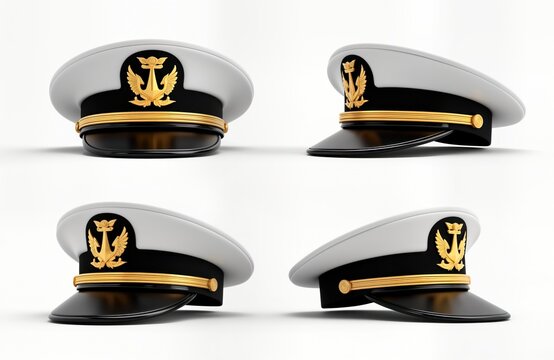 Naval officer cap. White cap with black brim, gold insignia. Military uniform headwear. 3D rendering illustration. Pro nautical headwear. Marine officer hat. High-quality 3D model. High-resolution