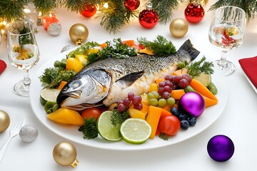 Top view of festive feast grilled fish and elegant holiday presentation