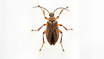 Detailed close-up photo of insect. Insect light brown with orange-brown legs, antennae. Insect stationary, positioned centrally on plain white background. Photo shows insect in household setting.
