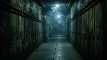 Fototapeta premium Ethereal industrial corridor with rusted walls concrete floors and mysterious smoke evoking suspense