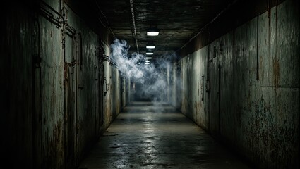 Ethereal industrial corridor with rusted walls concrete floors and mysterious smoke evoking suspense