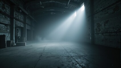Eerie mist envelops warehouse with soft light revealing concrete floors evoking chilling mystery