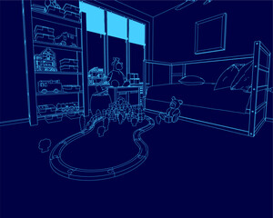 Blue room with a train track and a child playing with a teddy bear. The room is empty and the child is not present