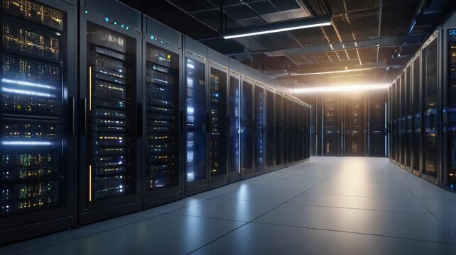 Big data center storage with full of rack servers and light flare effect .Cloud server room 3D rendering .