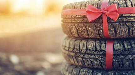 New tires are presented as unique gifts, adorned with red bows, perfect for anyone needing a practical present