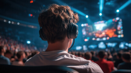 Obraz premium Young Gamer Watching Exciting Esports Tournament Live Event