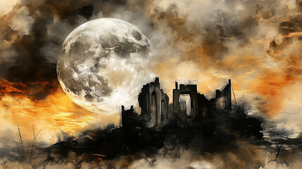 Full moon rising behind ancient ruins at twilight