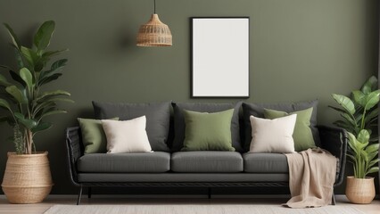 Home interior with Black wicker rattan sofa, Cream pillows, lamp and green plants in living room