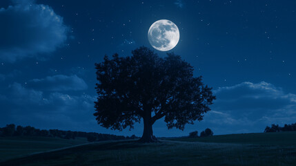 Fototapeta premium Lone tree under a full moon in a starry night sky