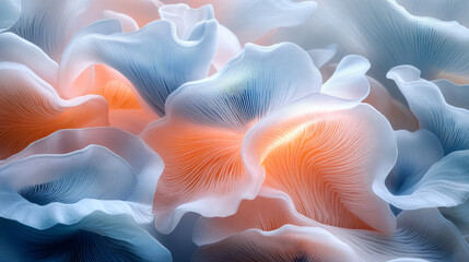 Fototapeta premium Abstract representation of mushroom gills, focusing on flowing lines and delicate patterns in muted blue and pink tones, with a plain background for emphasis,