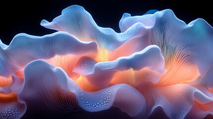 Obraz premium Abstract representation of mushroom gills, focusing on flowing lines and delicate patterns in muted blue and pink tones, with a plain background for emphasis,