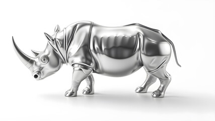 Fototapeta premium Rhino metallic 3D image of silver rhino on white background. Generative AI