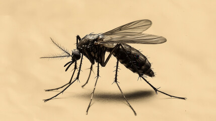 Detailed Close-Up of a Mosquito on a Light Brown Background