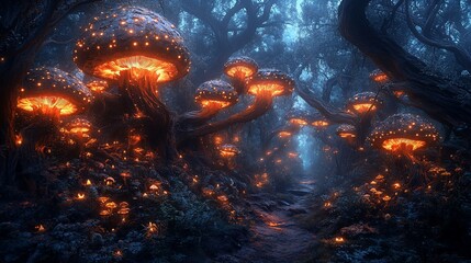 Naklejka premium Glowing mushrooms illuminate a mystical forest path.