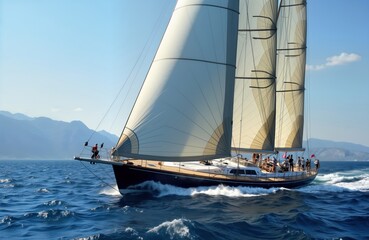 Fototapeta premium Large sailboat sails in open sea near mountains. Many people on deck of boat. Sunny day. Classic sailing boat. Water azure blue. Boat moves quickly. Sea breeze. Nautical theme. Sea adventure. Summer