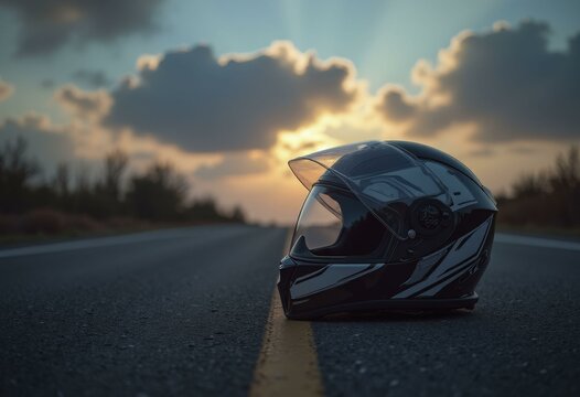 Motorcycle helmet on deserted road at twilight with rolling clouds