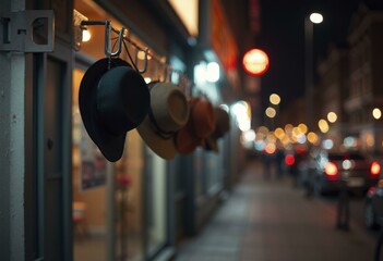 Fototapeta premium Row of black and brown fedoras hanging outside shop at night.