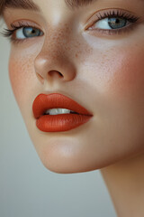 Fototapeta premium Close crop of the lips and chin, focusing on vertical lip lines on the older side vs,