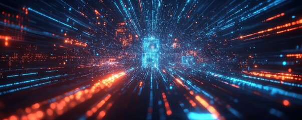 Naklejka premium Abstract digital network connections glowing in dark blue, futuristic data concept, dynamic tech visuals.