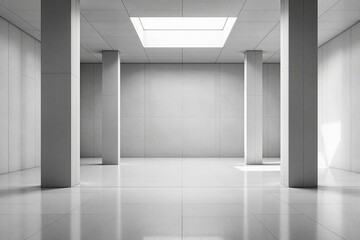 White minimalist interior with columns, smooth walls, skylight ceiling, and reflective floor. Bright and modern design concept. Ai generative