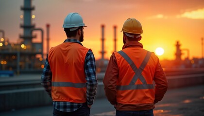 Two men in hard hats, safety vests stand at sunset, observing industrial refinery landscape. Teamwork, dedication evident as survey facility. Oil refinery workers stand in overview position at