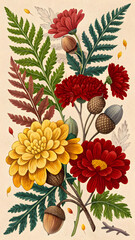 Autumn marigold, chrysanthemums and calendulas with acorns and ferns in botanical illustration