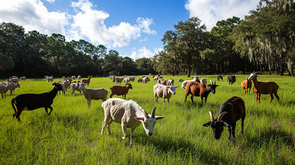 Naklejka premium Goats Grazing Peacefully in a Green Field