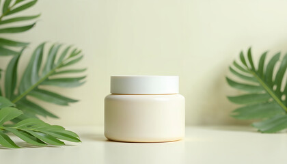 Blank plastic cosmetics container for cream or shampoo. Cosmetics bottle mockup with tropical leaves. Beauty product design, skincare and haircare concept. 