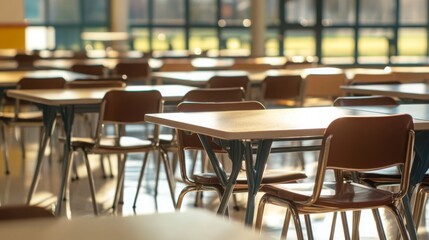 Empty school cafeteria tables during off-peak hours, a serene moment of reflection on the passage of time and the transient nature of youth.