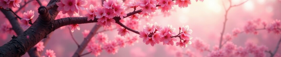 Obraz premium Thousands of cherry blossoms sway and fall from a majestic tree in soft, warm light, soft warm glow, majestic, cherry