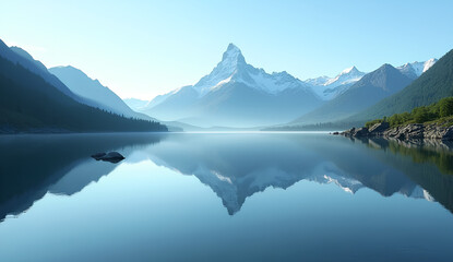 Surreal Mountain Range Mirrored in a Perfectly Still Lake Creating an Upside-Down Illusion