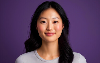 Fototapeta premium Portrait of beautiful young woman smiling against purple backdrop.