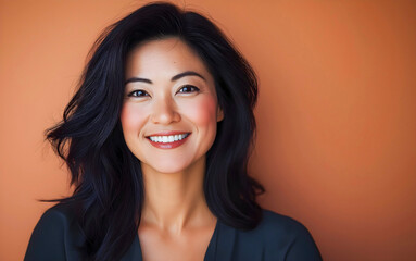 Fototapeta premium Portrait of beautiful woman smiling against orange backdrop.