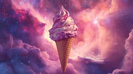 A cosmic ice cream cone with a starburst effect in a nebula-filled sky 