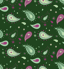 Stylish paisley pattern in teal and purple.  Perfect for textile design, wallpaper, or vibrant backgrounds.  Adds a touch of bohemian elegance to any project.