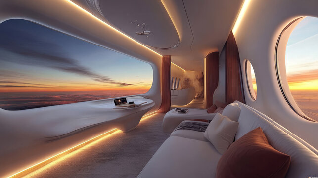 Plane window on flight. 3d aircraft inside view. Airline travel illustration for vacation mockup. White realistic layout of plain illuminator element set. Business journey or voyage transport.