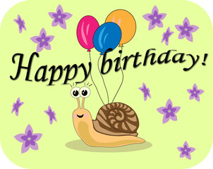 Happy birthday greeting card with cute snail and flowers. Vector illustration.