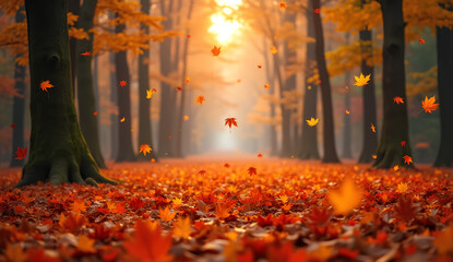 Fototapeta premium Surreal Autumn Leaves Falling in Slow Motion Over a Carpet of Orange and Red in Dense Forest