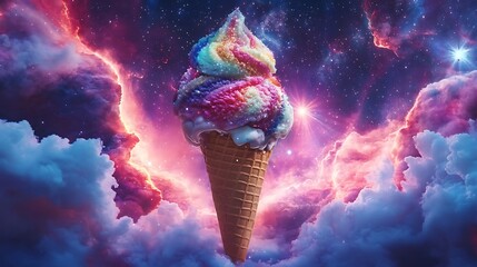 A cosmic ice cream cone with a starburst effect in a nebula-filled sky 