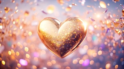 Fototapeta premium Love background for Valentine day with shiny shimmering 3d heart shape on glitter background and bokeh effect.