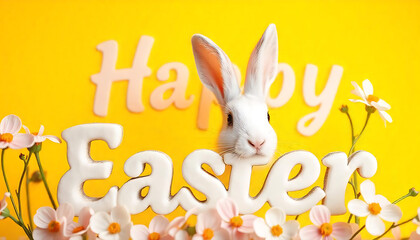 Obraz premium cute rabbit peeking out from text Happy Easter on a yellow background, Easter greeting card design, Easter spring poster for holiday decoration, created with generative ai