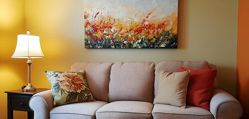 Stylish living room with navy blue walls, green armchair, silver painting, and floral decor creating a calm, inviting space.