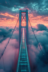 Modern architectural perspective of a suspension bridge, focusing on its metallic cables and tower, surrounded by a dreamy sky in pastel hues with a cosmic touch,