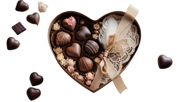 A heart-shaped chocolate box tied with a lace ribbon, filled with artisan chocolates shaped like flowers