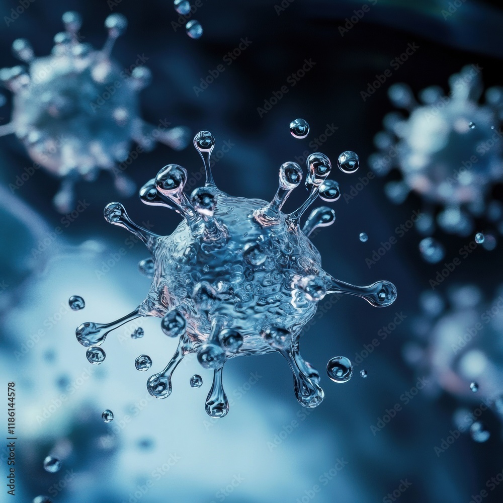 Aufkleber viruses suspended in droplets of water under microscopic observation revealing intricate structures.