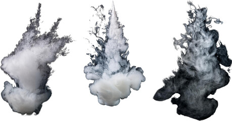Fototapeta premium Abstract white smoke explosions three dynamic vapor clouds isolated transparent background