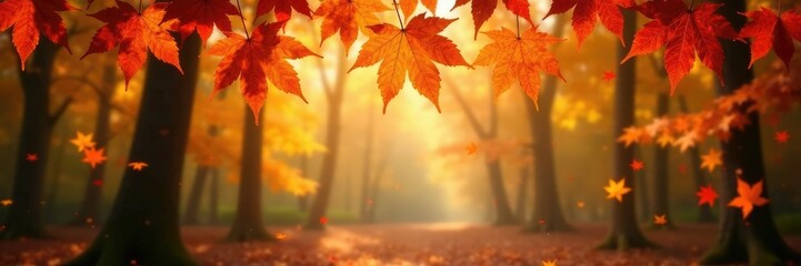 Warm light dance on the golden brown maple leaf canopy, soft focus, fall foliage, forest, maple leaves